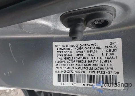 2018 Honda Civic Ex from USA, damaged, VIN 2HGFC2F72JH567438